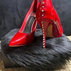 VINTAGE DOLCE VITA PATENT RED SPIKED PUMPS